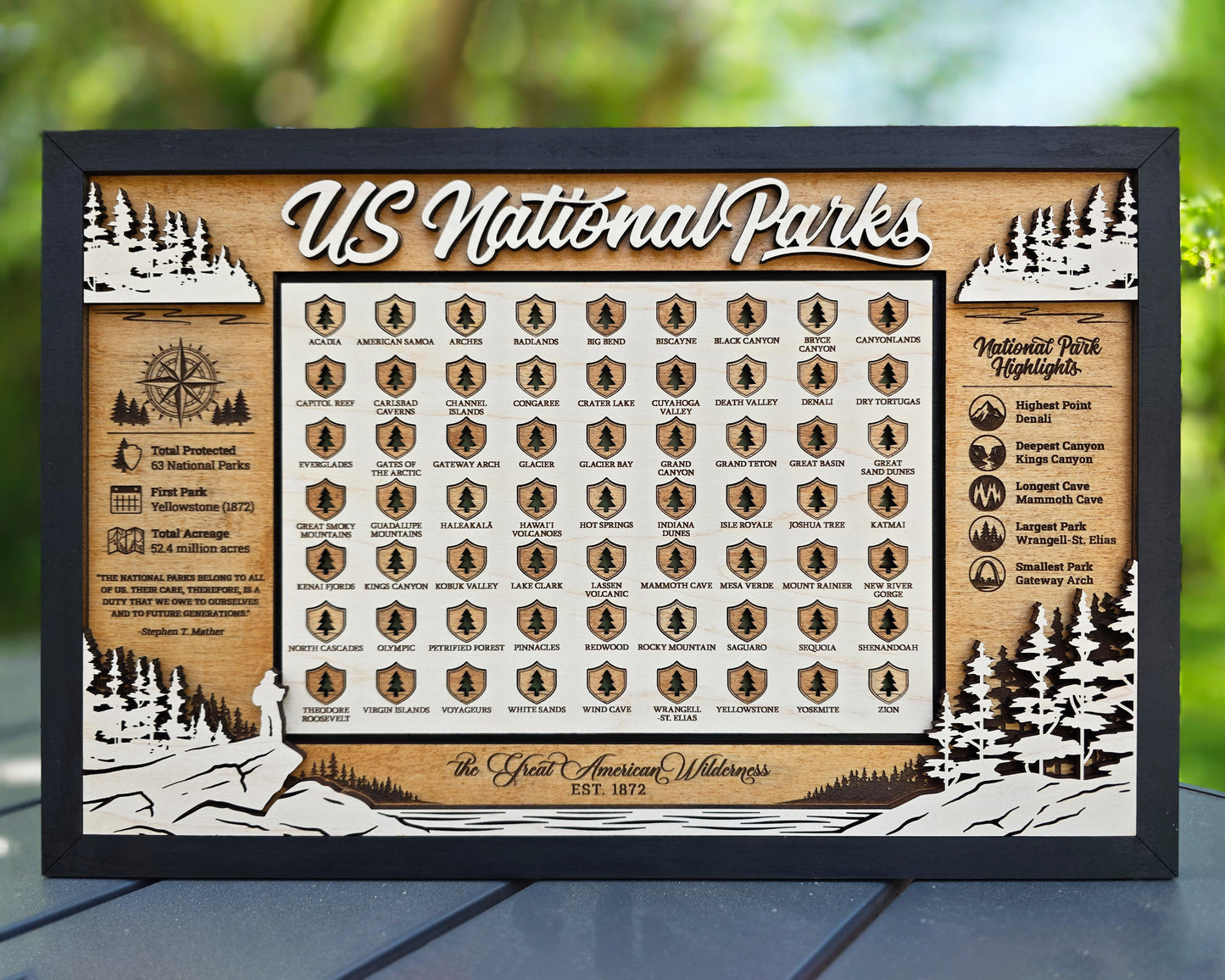 US National Parks Tracker Board | Laser Engraved | All 63 Parks | Handmade Wood Gift