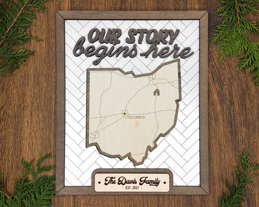 Personalized Ohio “Our Story Begins Here” State Frame – Custom Name, 9x11 White Hand-Painted