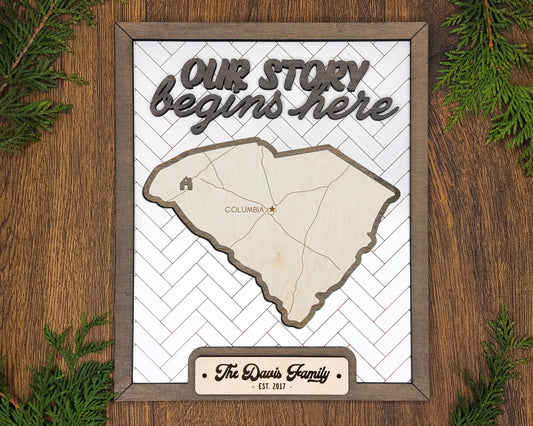 Personalized North Carolina “Our Story Begins Here” State Frame – Custom Name, 9x11 White Hand-Painted