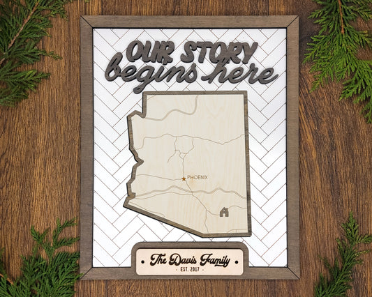 Personalized Arizona “Our Story Begins Here” State Frame – Custom Name, 9x11 White Hand-Painted