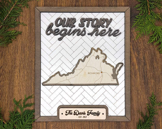 Personalized Virginia “Our Story Begins Here” State Frame – Custom Name, 9x11 White Hand-Painted