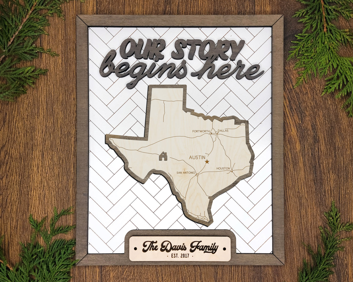 Texas “Our Story Begins Here” Wooden Sign – Personalized State Sign with Family Name – Rustic Gift with Easel