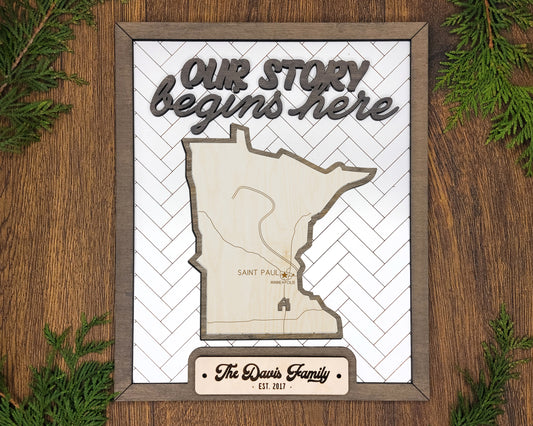 Minnesota Wood Sign – Our Story Begins Here Personalized State Plaque with Easel