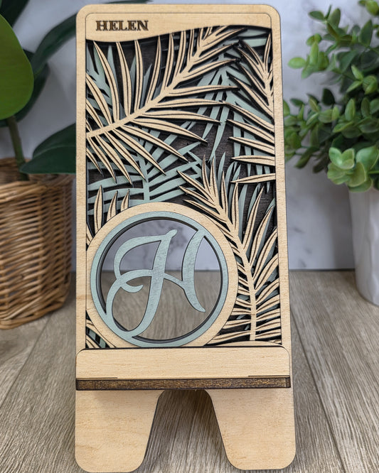 Personalized Wooden Folding Phone Stand – Engraved Name or Monogram Phone Holder