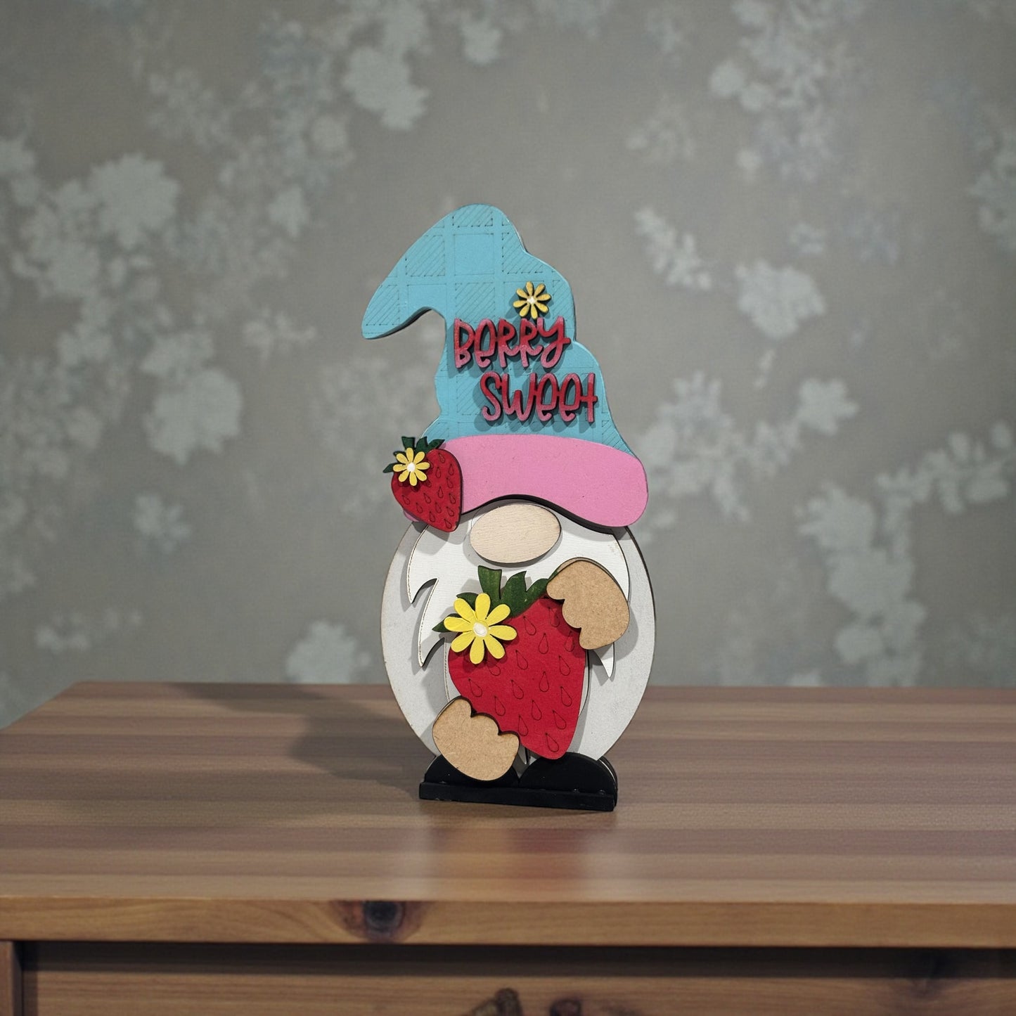 Summer Strawberry Gnome Shelf Sitter – Interchangeable Outfit | Handmade Wooden Gnome Decor