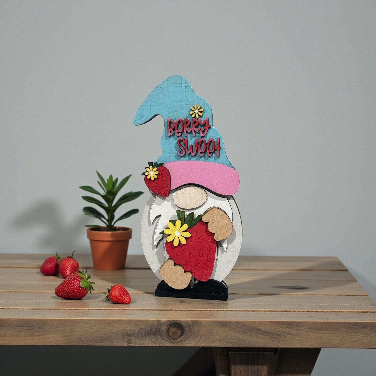 Summer Strawberry Gnome Shelf Sitter – Interchangeable Outfit | Handmade Wooden Gnome Decor