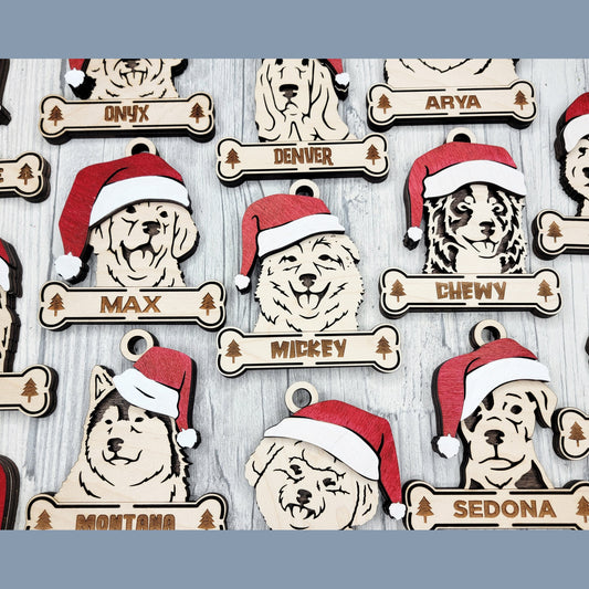 Personalized Dog Christmas Ornament with Santa Hat – Custom Wooden Pet Ornament with Name Engraved