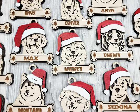 Personalized Dog Christmas Ornament with Santa Hat – Custom Wooden Pet Ornament with Name Engraved