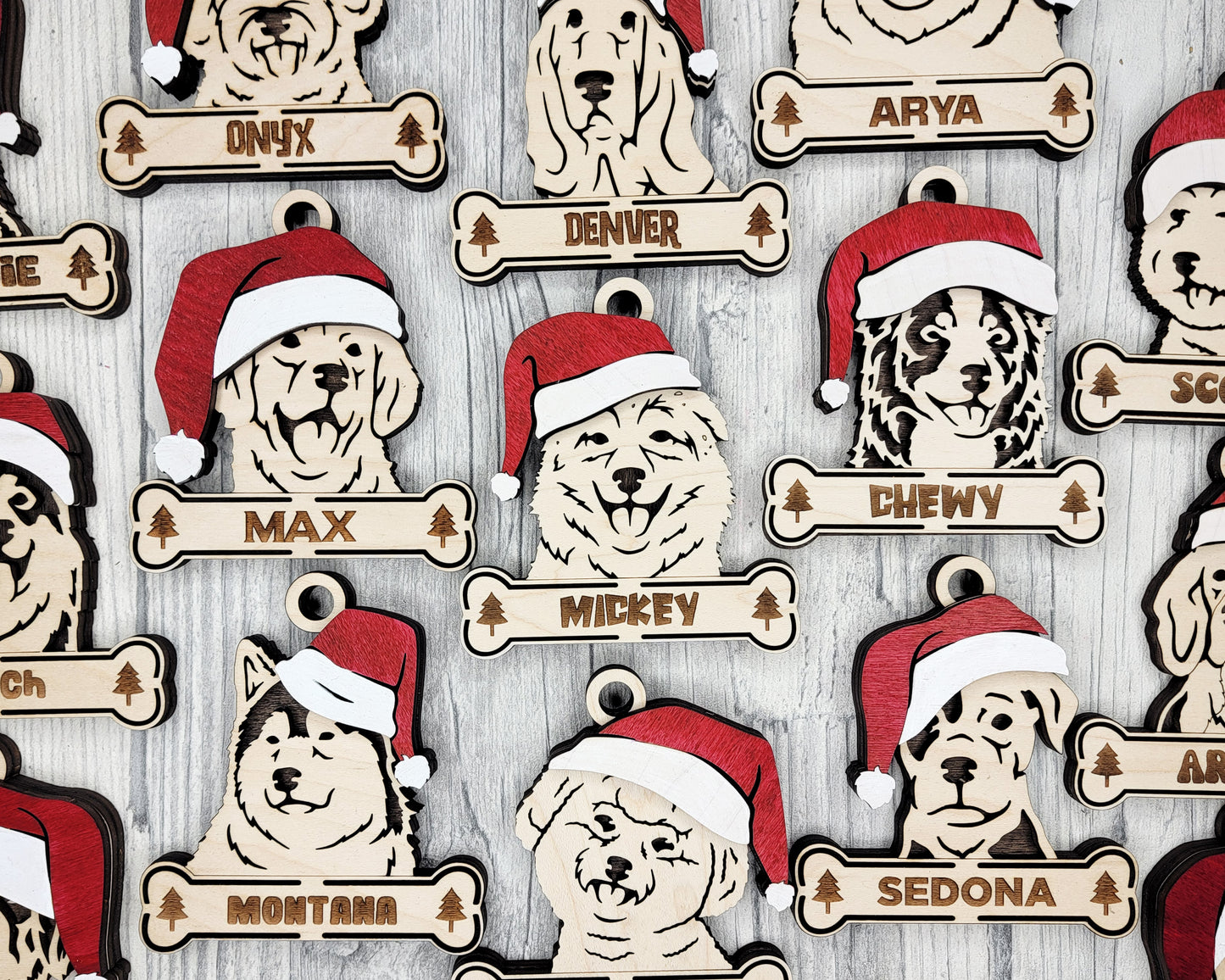Personalized Dog Christmas Ornament with Santa Hat – Custom Wooden Pet Ornament with Name Engraved