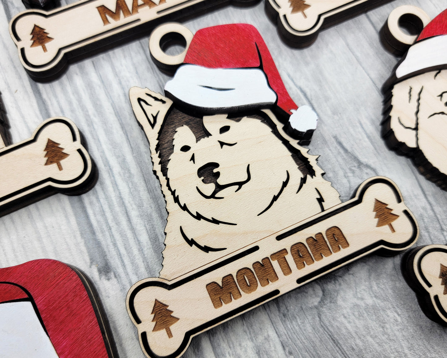 Personalized Dog Christmas Ornament with Santa Hat – Custom Wooden Pet Ornament with Name Engraved