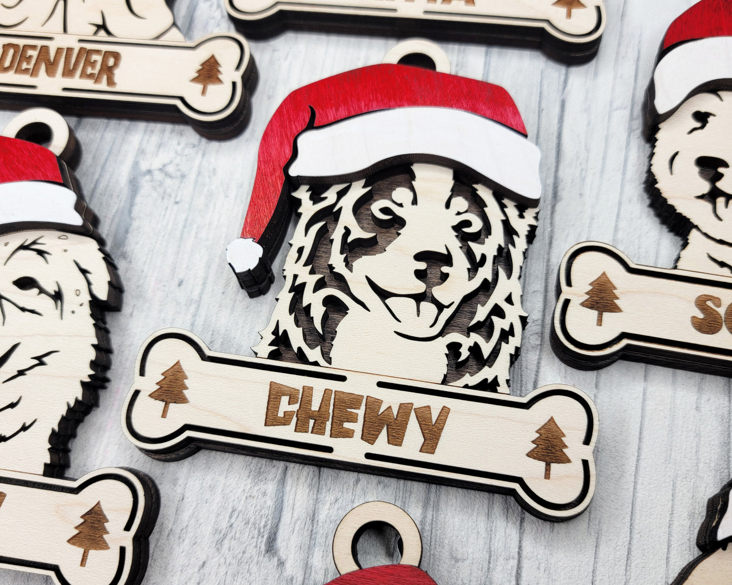 Personalized Dog Christmas Ornament with Santa Hat – Custom Wooden Pet Ornament with Name Engraved