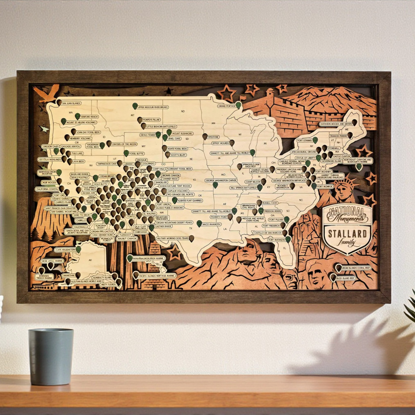 National Monument Map Tracker – Wooden USA Travel Wall Art, Laser Cut & Engraved