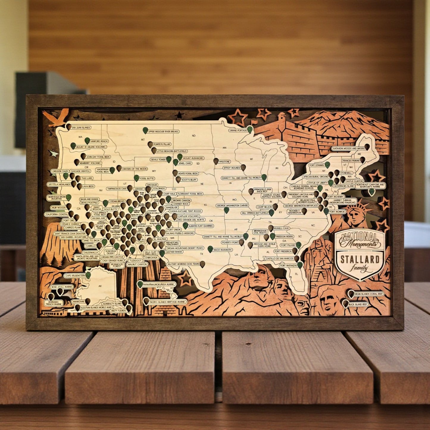 National Monument Map Tracker – Wooden USA Travel Wall Art, Laser Cut & Engraved