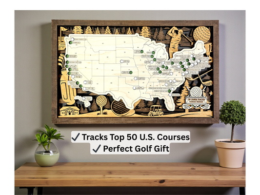 Wooden Golf Course Tracker Map – Top 50 US Bucket List