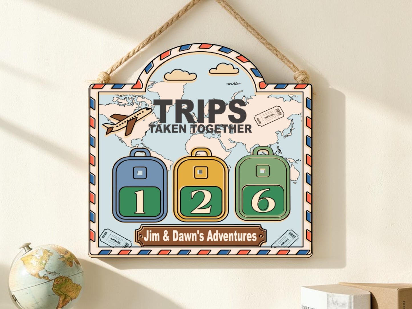 Personalized Travel Tracker Sign – Trips Taken Together Adventure Counter with Interchangeable Suitcase