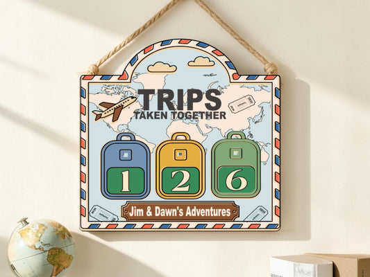 Personalized Travel Tracker Sign – Trips Taken Together Adventure Counter with Interchangeable Suitcase