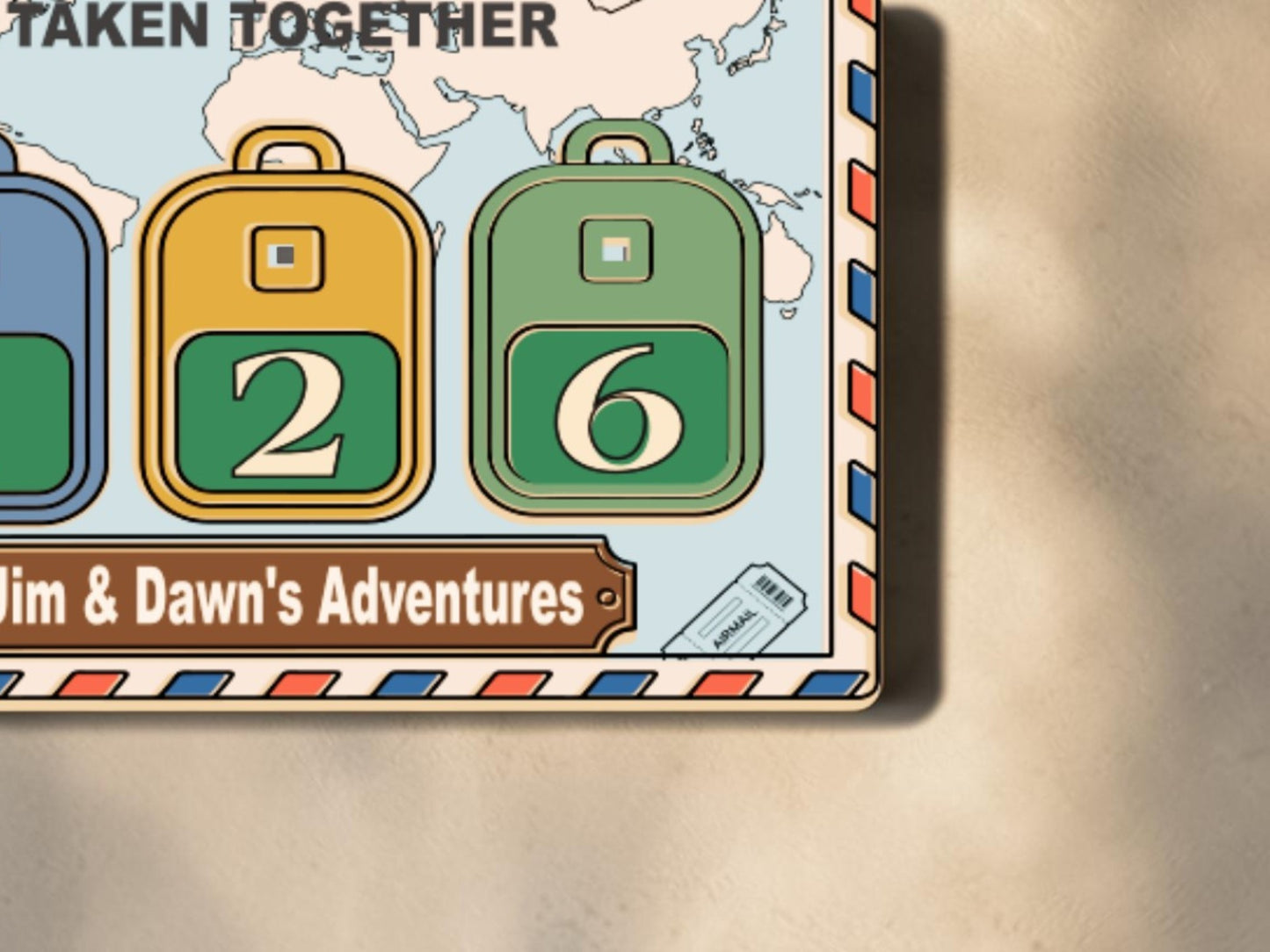 Personalized Travel Tracker Sign – Trips Taken Together Adventure Counter with Interchangeable Suitcase