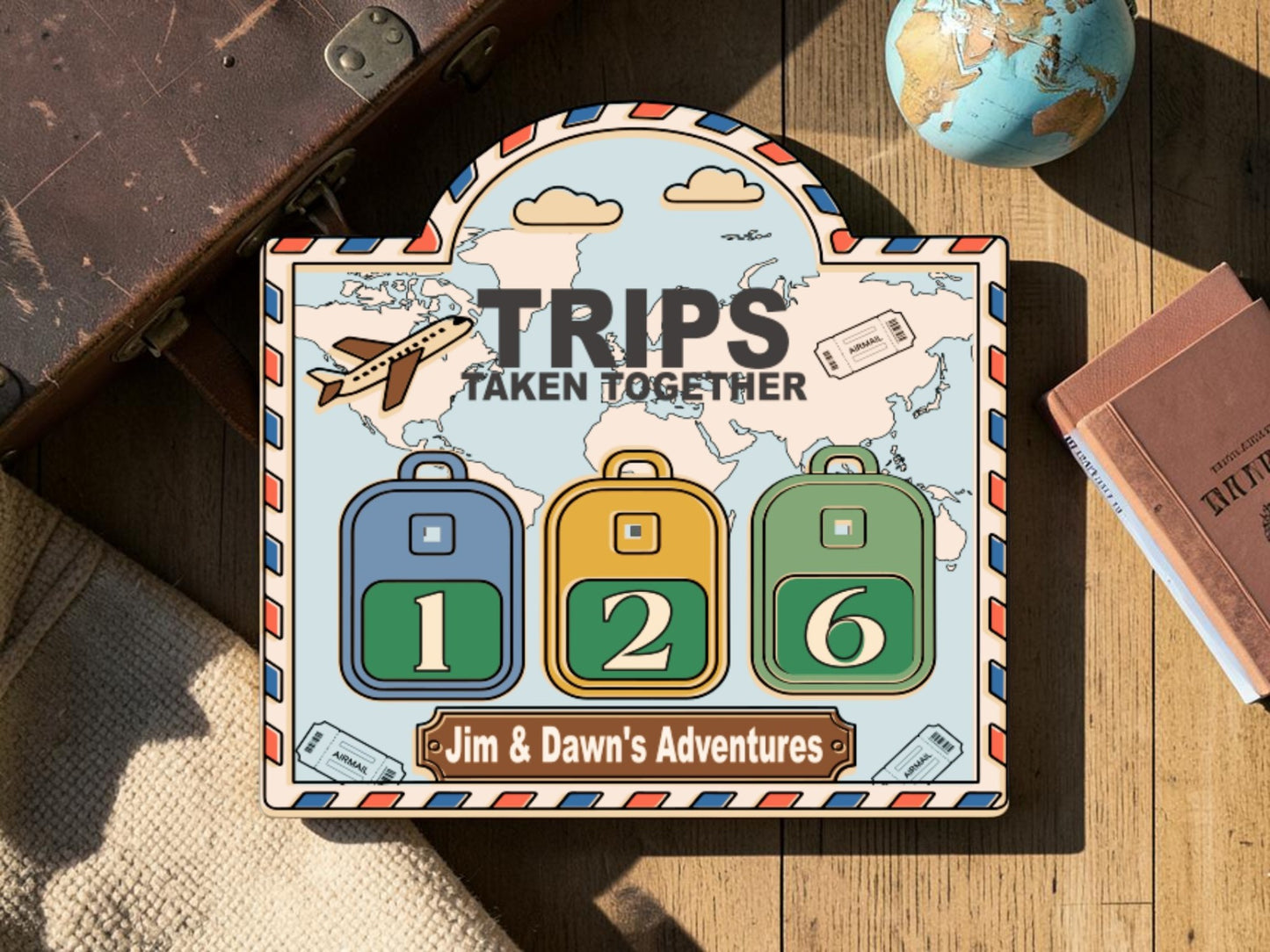 Personalized Travel Tracker Sign – Trips Taken Together Adventure Counter with Interchangeable Suitcase