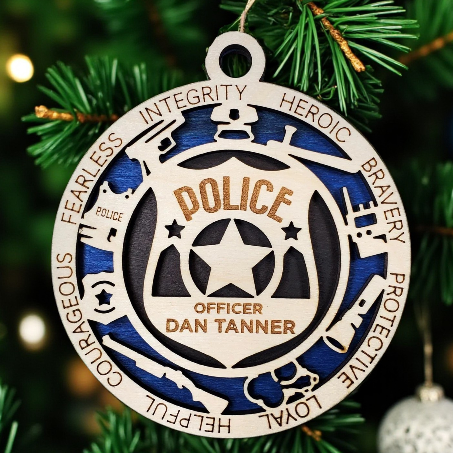 Personalized Policeman Ornament – Custom Wooden Police Badge Christmas Ornament, Handmade & Laser Engraved Gift for Officers