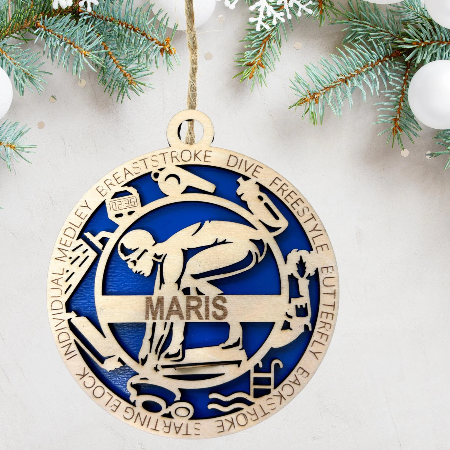 Personalized Swimmer Ornament – Engraved Wooden 4" Keepsake with Name, Year & Event, Gift-Boxed