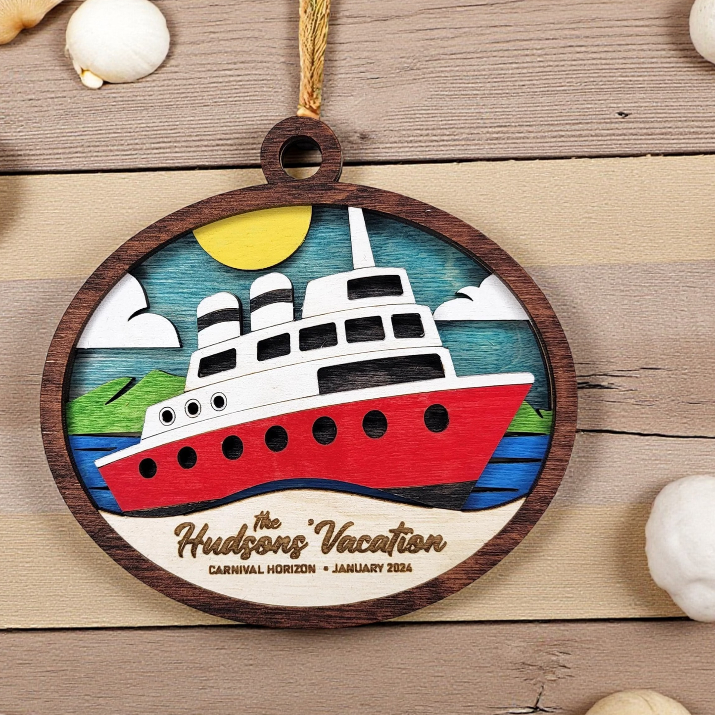 Custom Cruise Ship Christmas Ornament – Personalized 4" Wooden Keepsake with Ship Name, Cruise Dates & Family Name, Gift-Ready