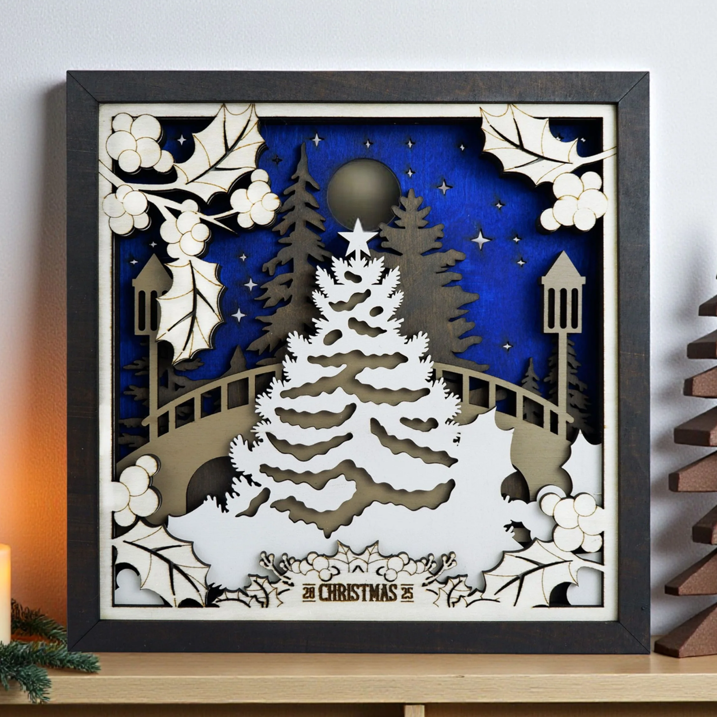 Personalized Christmas Tree Family Shelf Sitter (8x8) – 3D Wooden Holiday Sign