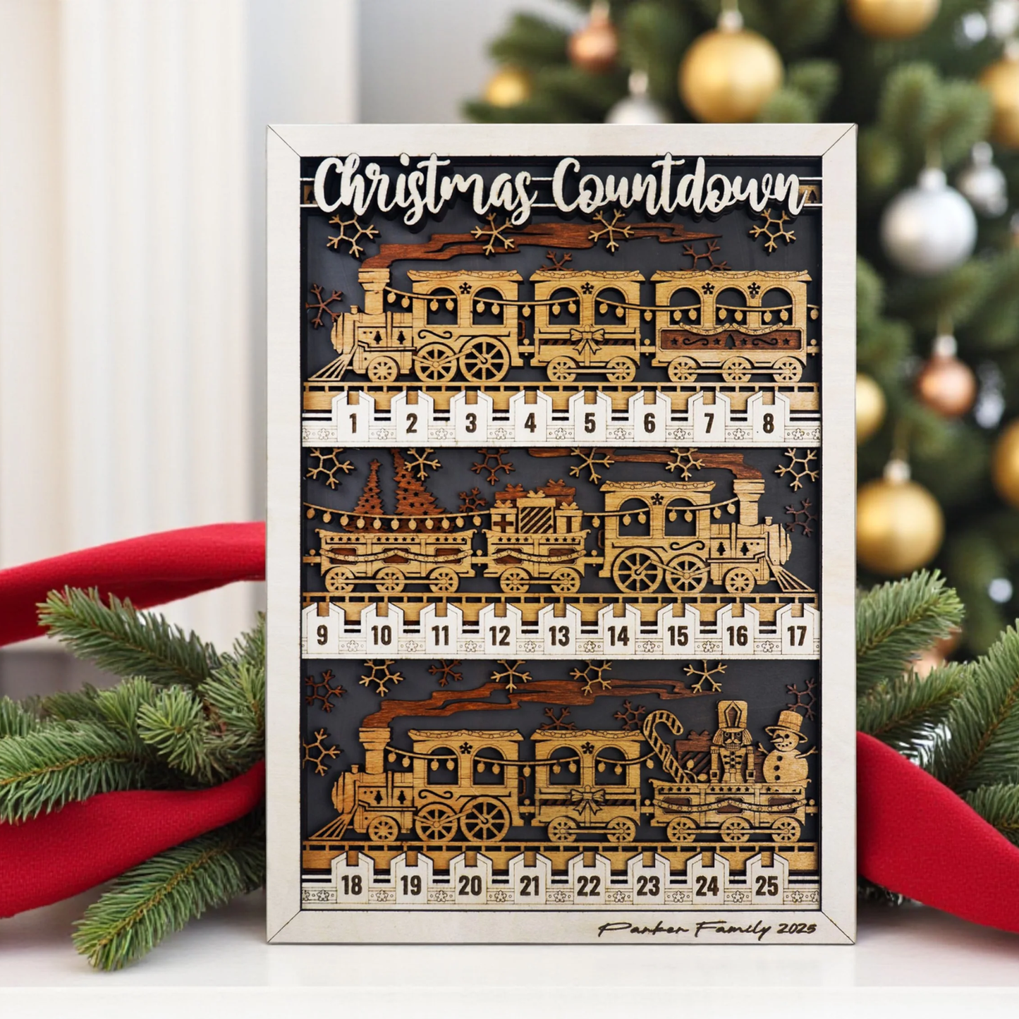 Personalized Wooden Train Christmas Countdown – Kids Holiday Advent Sign, Family Christmas Decor