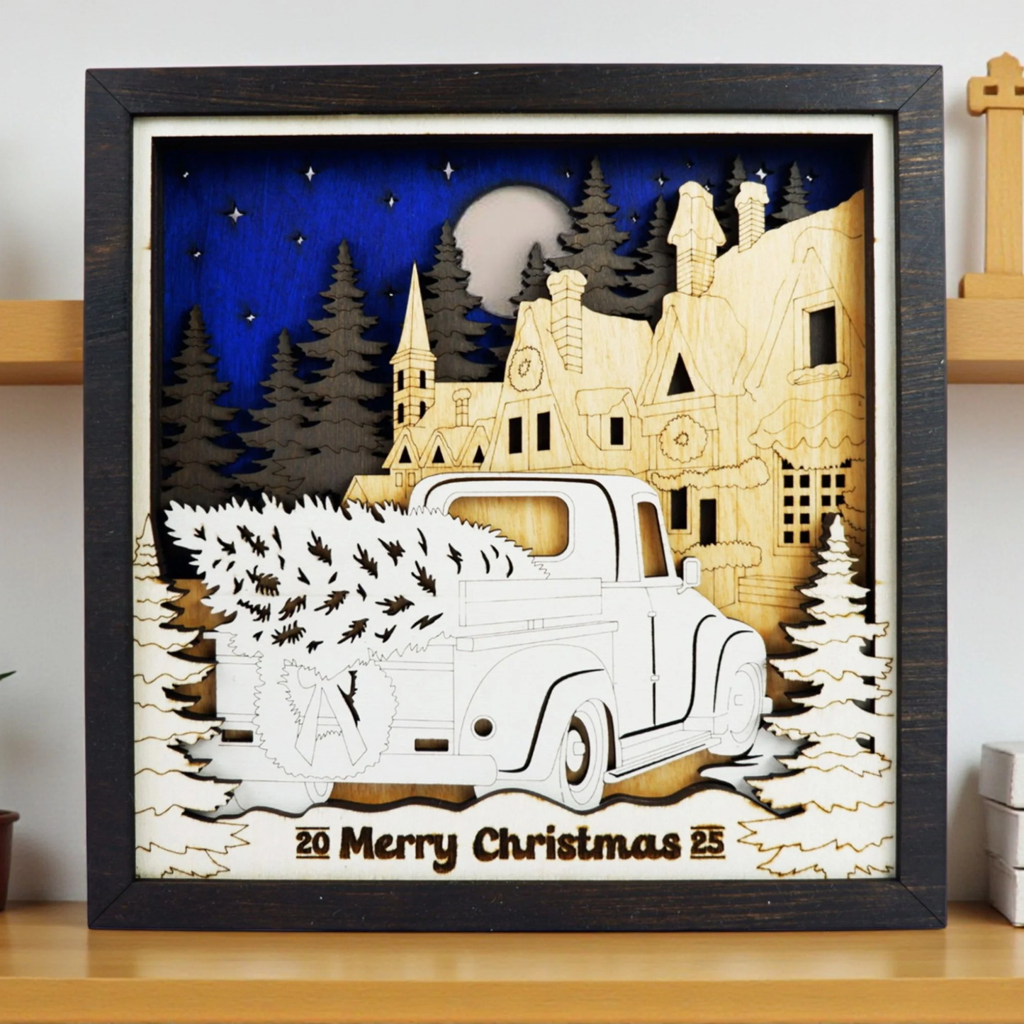 Personalized Farmhouse Scene Shelf Sitter – 3D Laser Cut & Engraved Wooden Sign