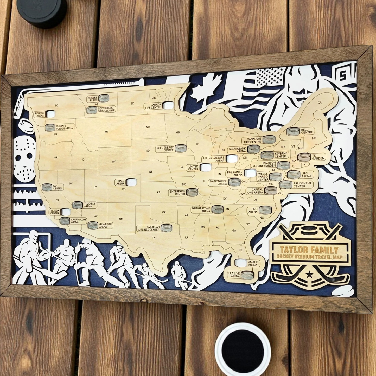 Personalized Hockey Map Tracker – Custom Name Wooden USA Arena Travel Keepsake