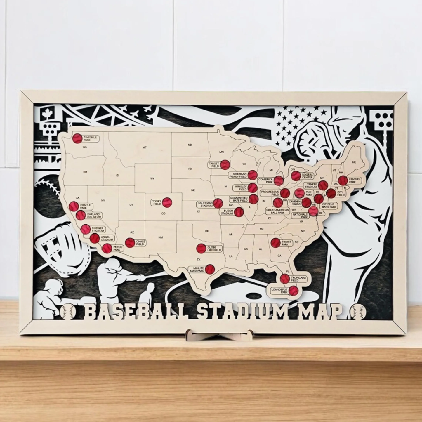Baseball Map Tracker – Wooden USA Ballpark Travel Keepsake