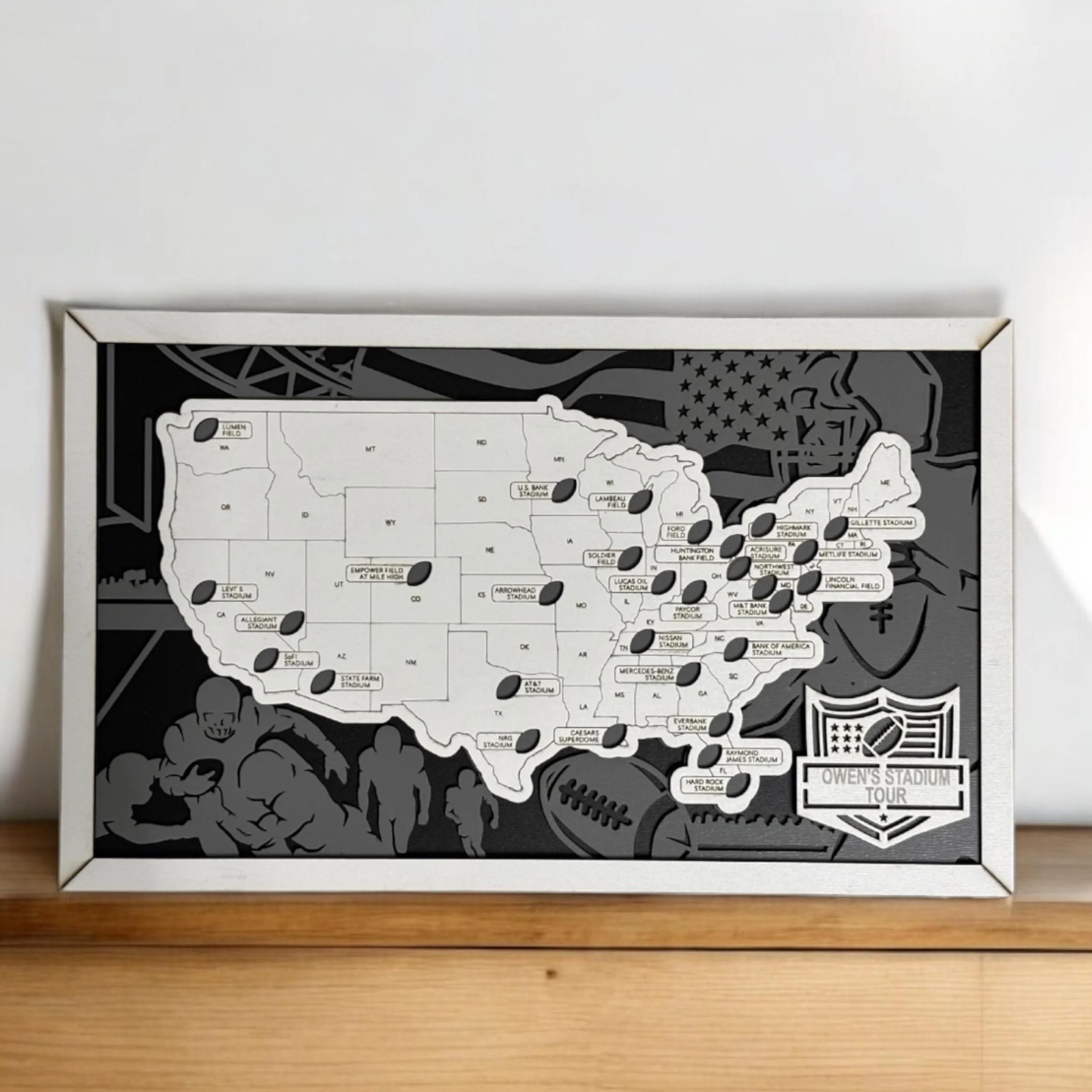 Football Stadium Tracker Map – 12x20 Laser Engraved Wood Wall Art with Custom Team-Inspired Background | Gift-Ready Sports Travel Display