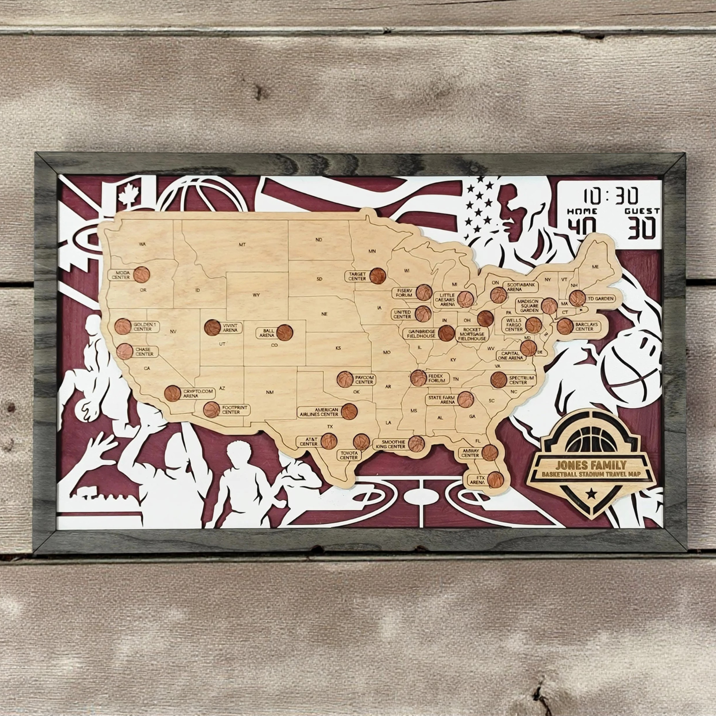 Personalized Basketball Map Tracker – Custom Name Wooden USA Arena Travel Keepsake
