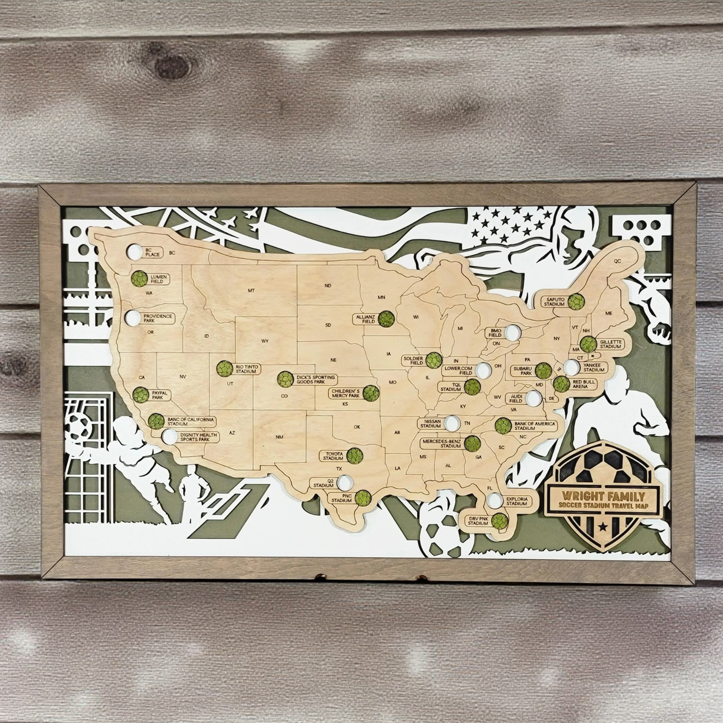 Personalized Soccer Map Tracker – Custom Name Wooden USA Stadium Travel Keepsake