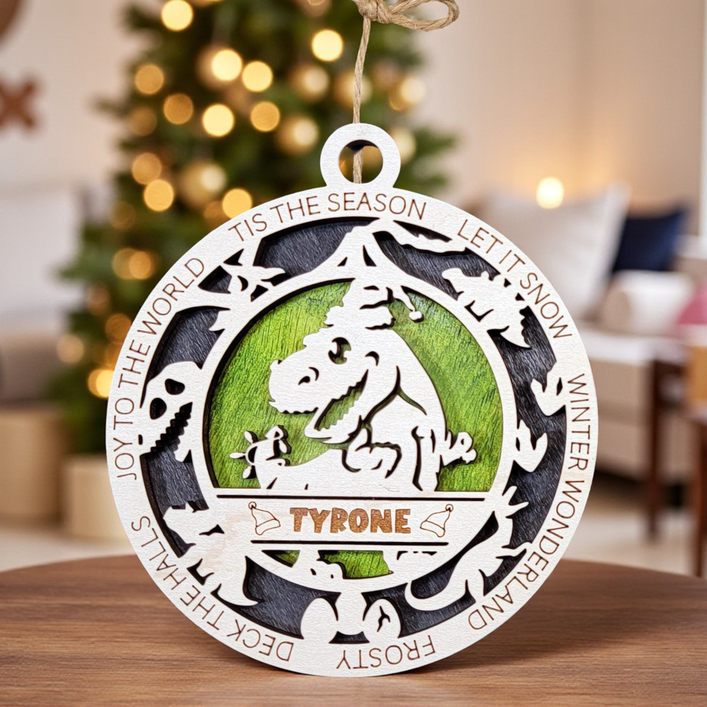 Personalized Dinosaur Christmas Ornament – Engraved Wooden Kids Gift