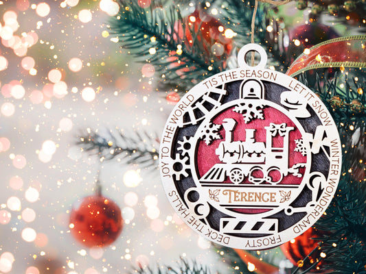 Kids Ornament Personalized, Train Ornament,  Engraved Ornament for Kids, 2024 Christmas Ornament, Christmas Gift for him, handmade Ornament