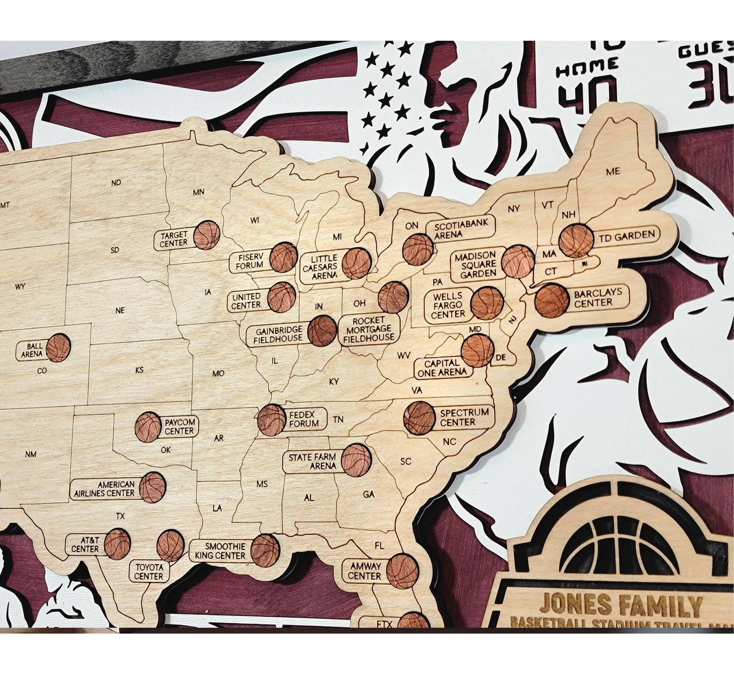 Personalized Basketball Map Tracker – Custom Name Wooden USA Arena Travel Keepsake