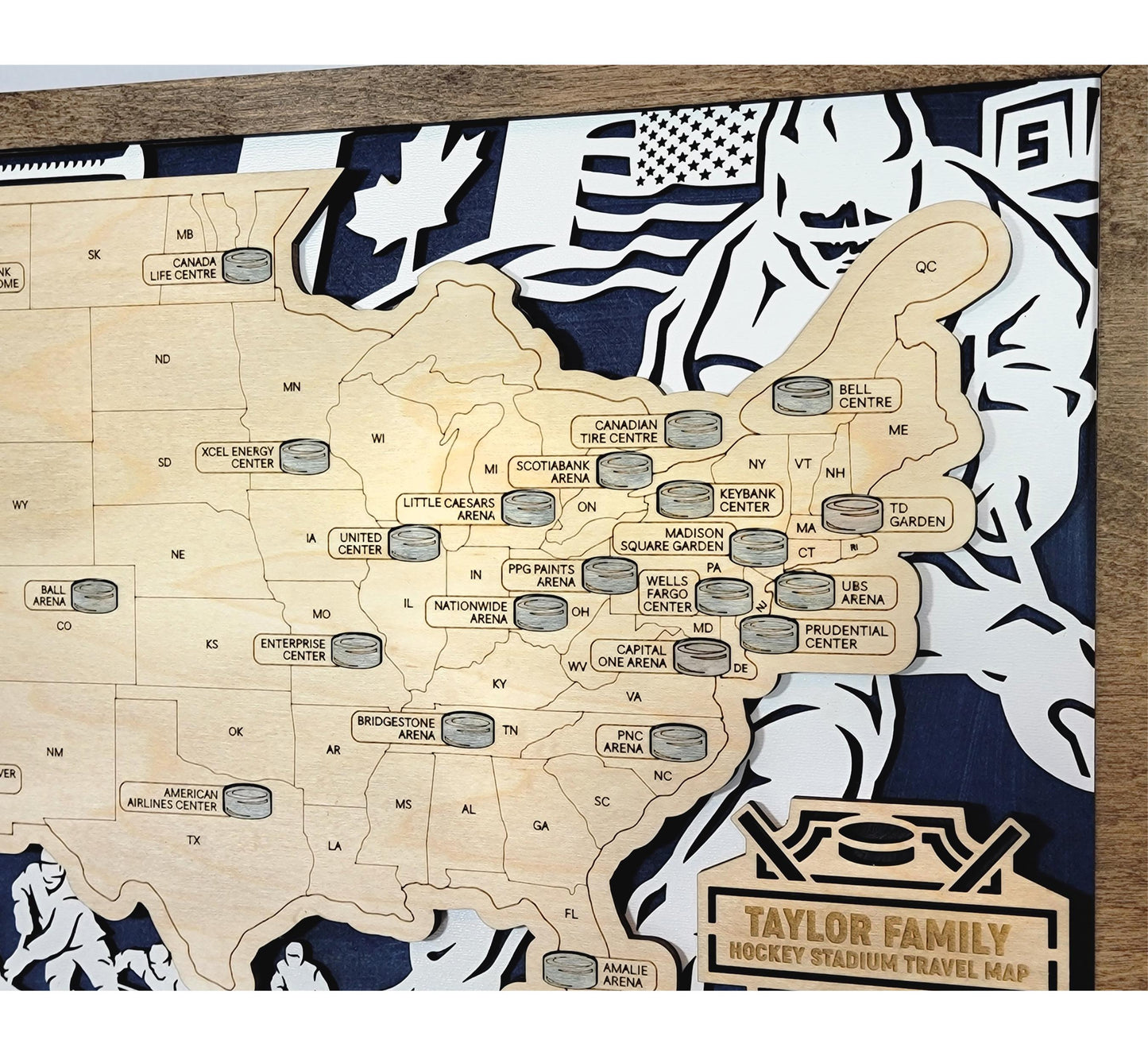 Hockey Stadium Tracker Map – 12x20 Laser Engraved Wood Wall Art with Puck Icons | Custom Team Color or Walnut Background