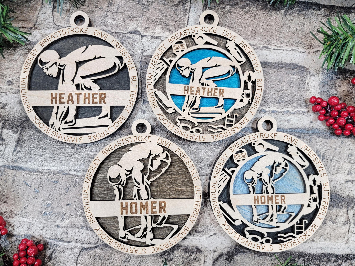 Personalized Swimmer Ornament – Engraved Wooden 4" Keepsake with Name, Year & Event, Gift-Boxed