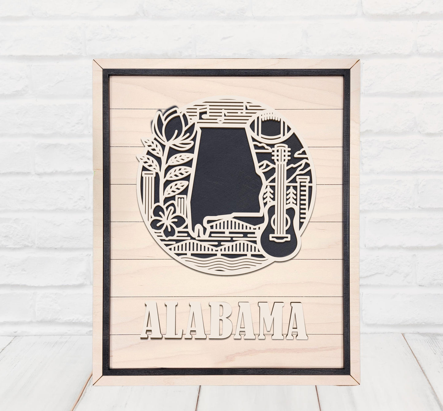 Alabama State Wall Art – Handmade Wood Sign Featuring Alabama Symbols, Culture & Heritage | Gift-Ready with Easel Display