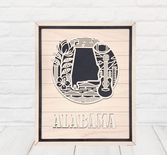 Alabama State Wall Art – Handmade Wood Sign Featuring Alabama Symbols, Culture & Heritage | Gift-Ready with Easel Display