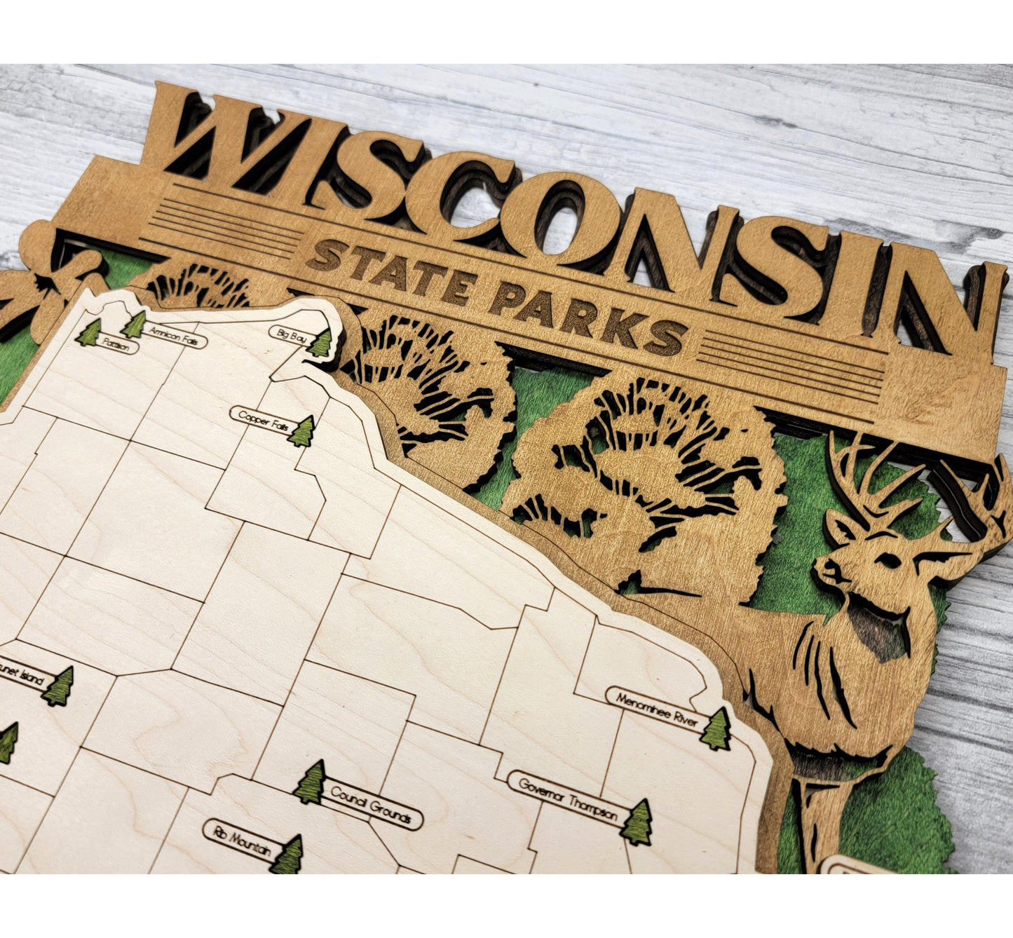 Wisconsin State Park Tracker Map – 12x20 Engraved Wood Wall Art | Personalized Nature Gift, Handmade in Ohio