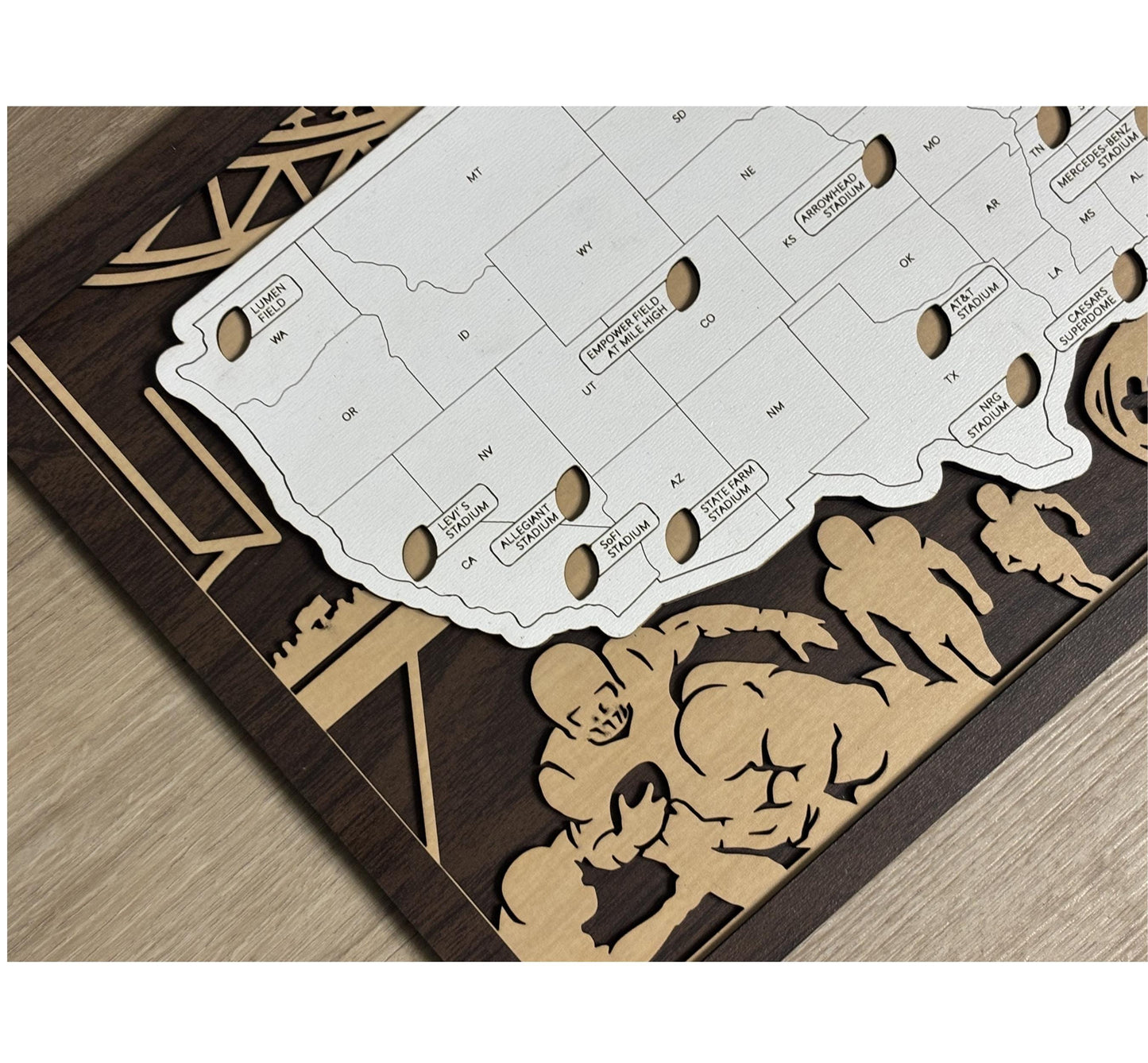 Football Stadium Tracker Map – 12x20 Laser Engraved Wood Wall Art with Custom Team-Inspired Background | Gift-Ready Sports Travel Display