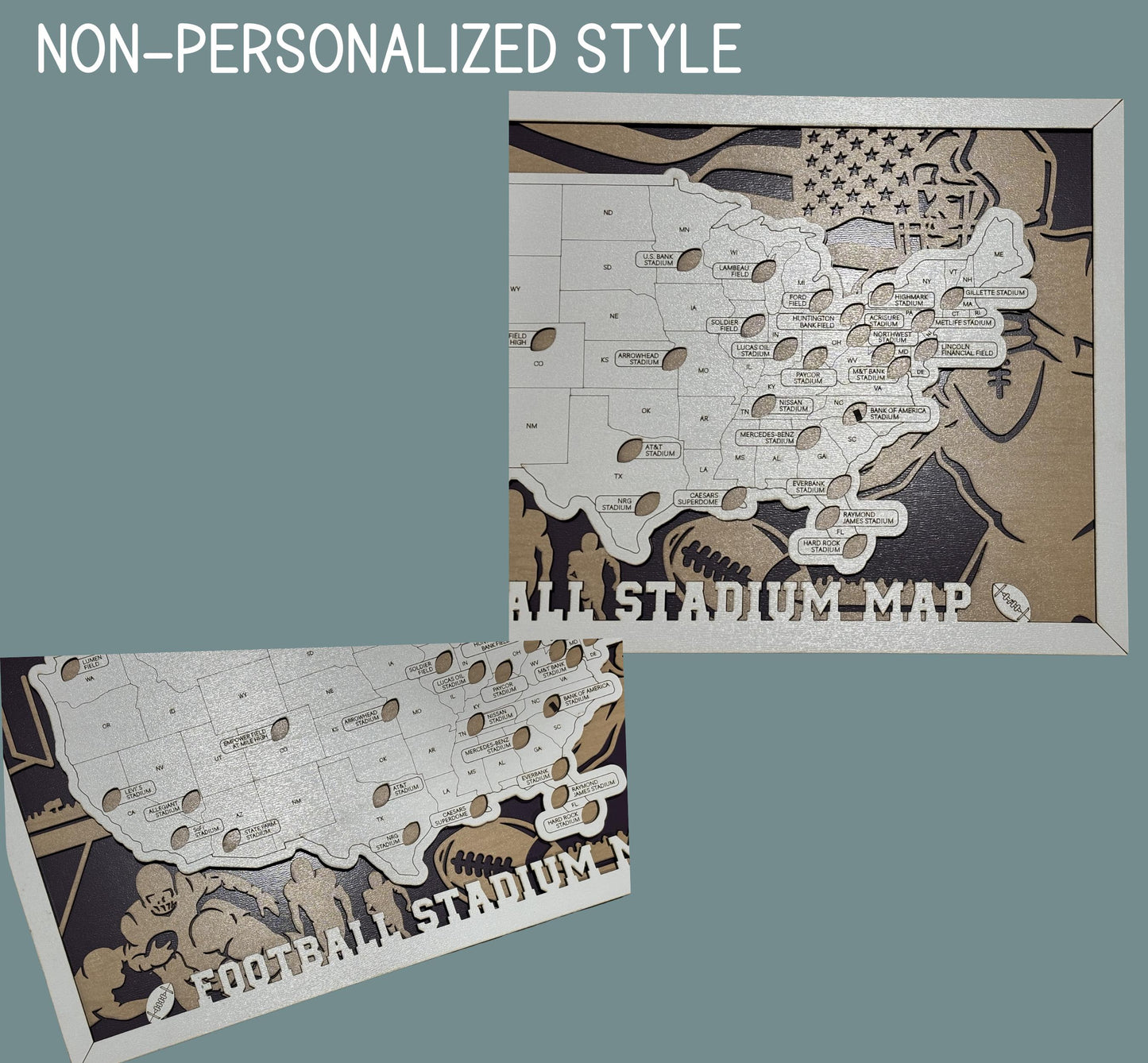 Football Stadium Tracker Map – 12x20 Laser Engraved Wood Wall Art with Custom Team-Inspired Background | Gift-Ready Sports Travel Display