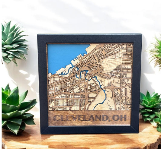 3D Cleveland Map Shadow Box – Laser Engraved Wall Art in White or Black Frame | 8x8 Cleveland Home Decor Gift