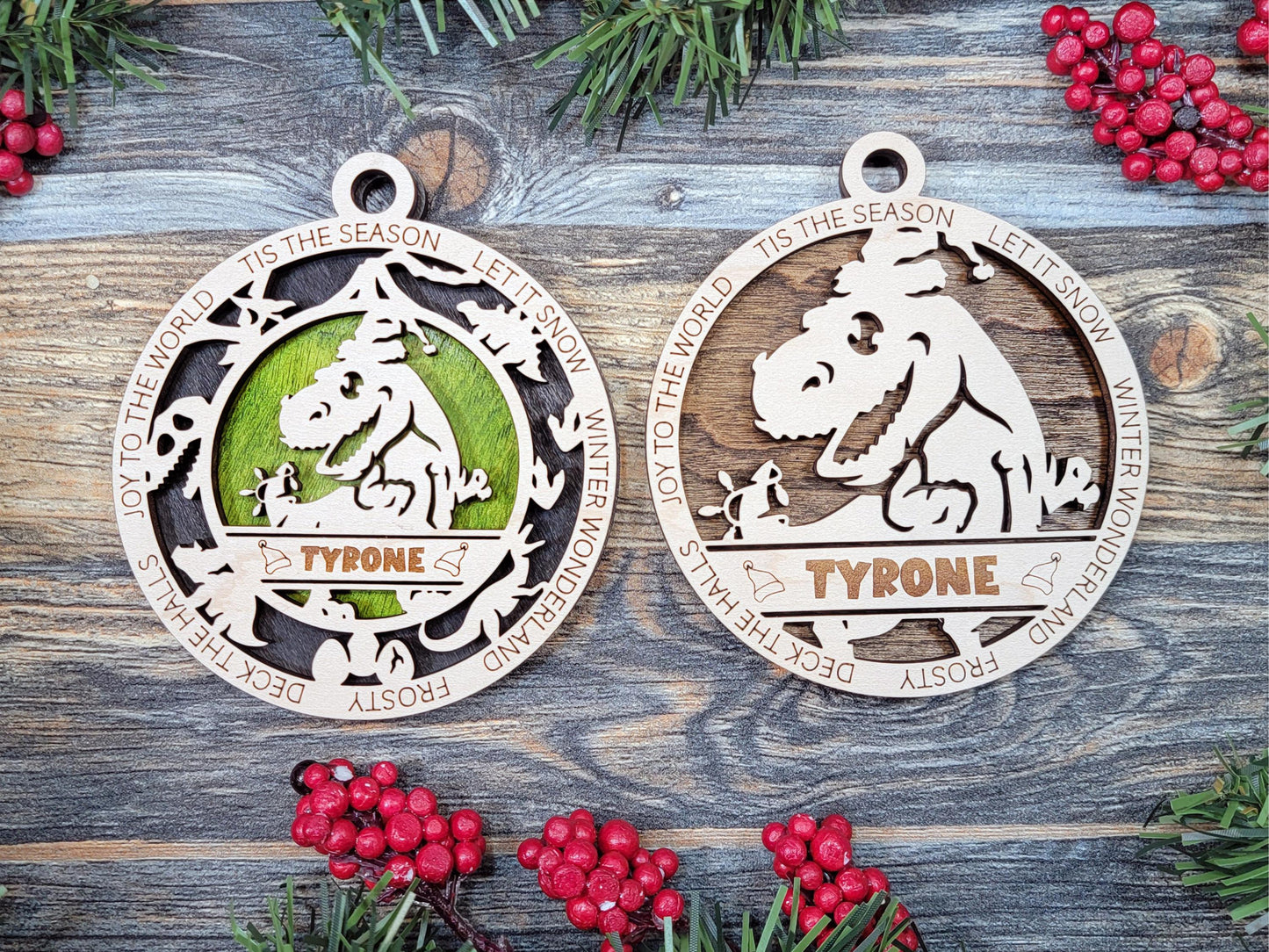Personalized Dinosaur Christmas Ornament – Engraved Wooden Kids Gift