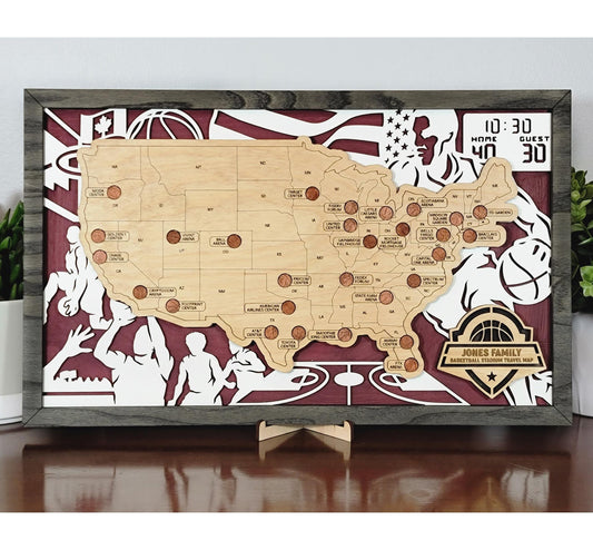Basketball Stadium Tracker Map – 12x20 Laser Engraved Wood Wall Art with Custom Team Background | Gift-Ready with Free Shipping