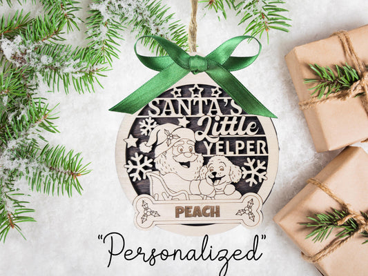 Dog & Santa Personalized Ornament – 4" Laser Engraved Wood Keepsake for Dog Moms | Custom Name, Gift Box Included