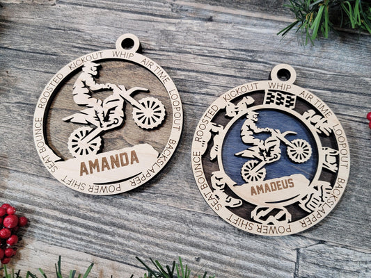 Motocross Wooden Ornament – Personalized 4" Laser Engraved Dirt Bike Gift for Riders and Fans