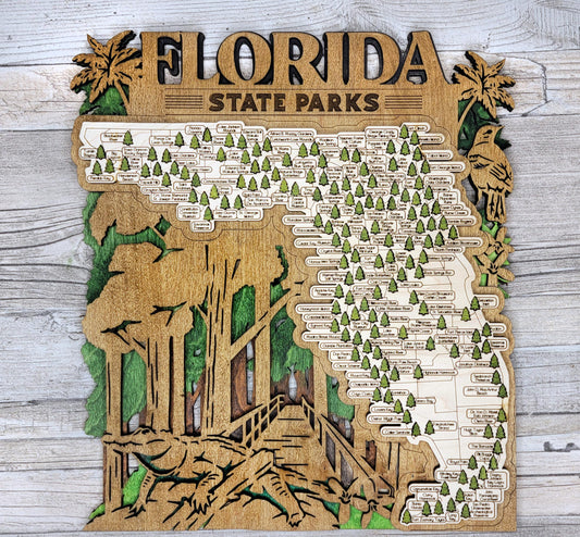 Florida State Park Tracker Map – 12x20 Laser Engraved Wood Wall Art | Personalized Gift for Outdoor Lovers, Handmade in Ohio