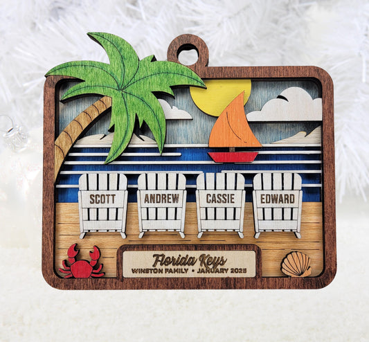 Beach Vacation Memory Ornament – Handmade Laser Cut & Engraved Wooden Keepsake, Hand-Painted, 4 Inch, Made in Ohio